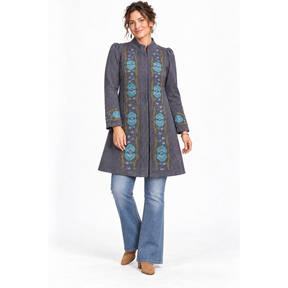Sundance Boho Blue Embroidery Mandarin Collar Buttons Pockets Knit Duster Coat M